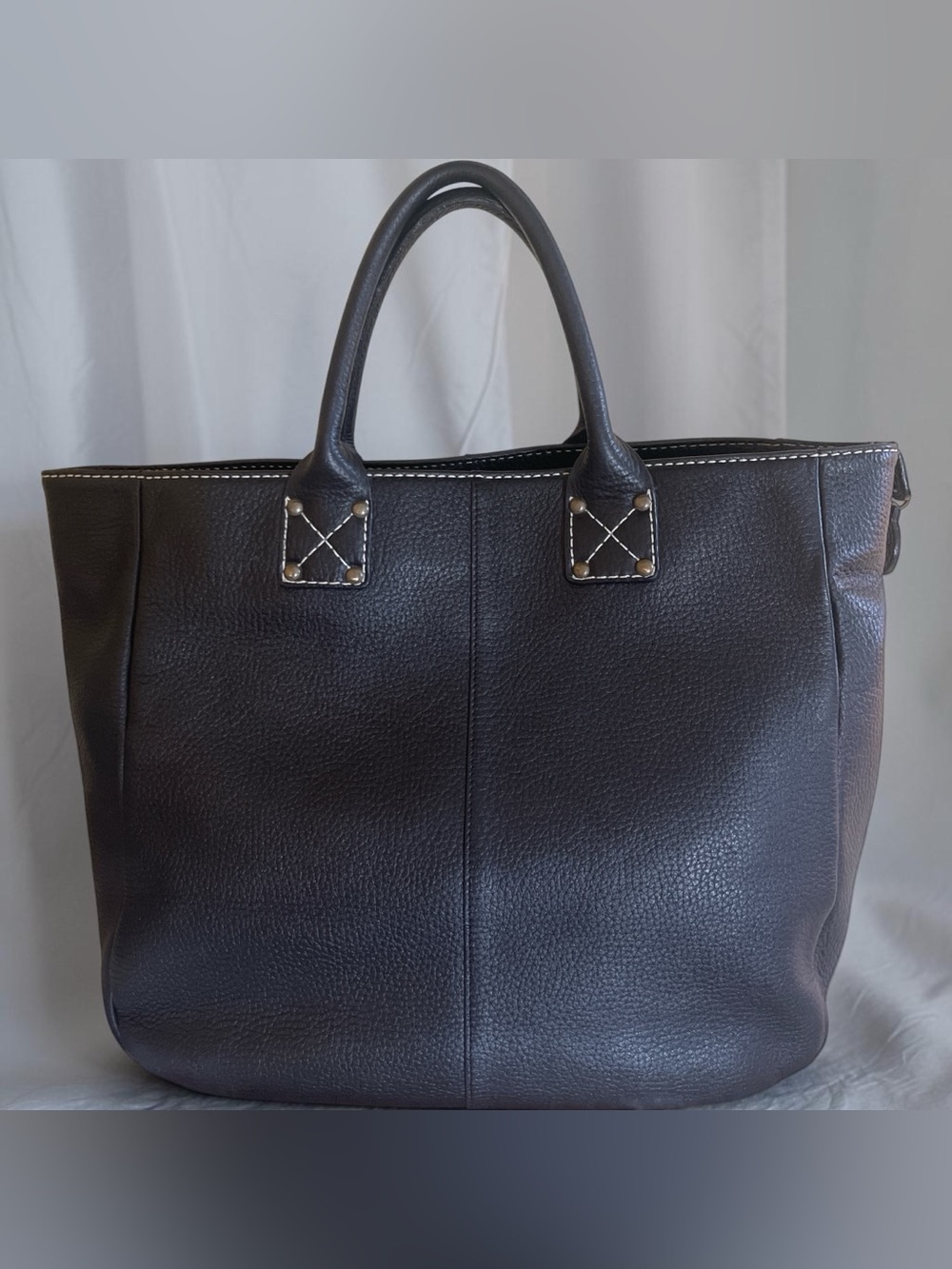 Gap cow leather black tote with white polkadots on fabric inside 15.5 x 11